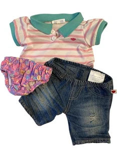 3pc Build A Bear Pink White Stripe Polo Shirt Denim Jeans Panties Clothes Outfit - Picture 1 of 4