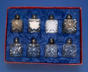 Vintage Leonard Cut Crystal Salt & Pepper Shakers 8 Pcs w/ Silver Plated Tops - Picture 1 of 7