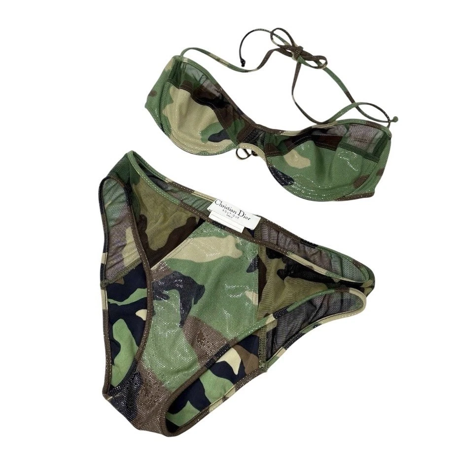 Christian Dior Vintage 2001 Swimwear Bikini Set #38 Green Nylon Camouflage - Image 1 of 4