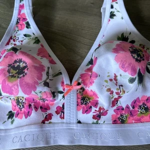 Cacique Cotton Full Coverage Wireless Bra Size 44C White Floral Pink Logo - Picture 1 of 13