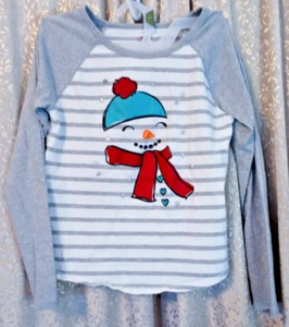 1989 Place Child's Colorful Snowman On Grey & White Long Sleeved Striped Shirt L - Picture 1 of 7
