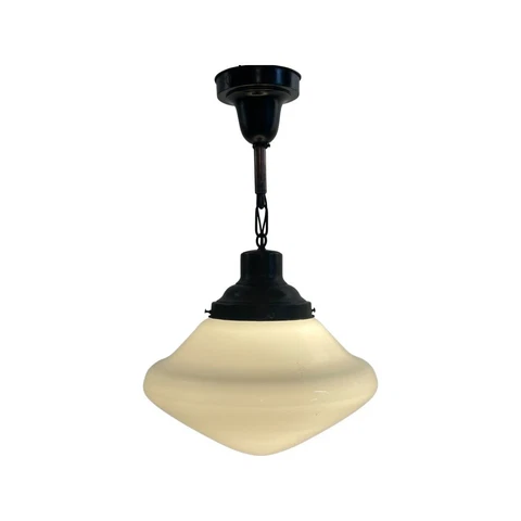 Antique Vintage Brass School House Light c1920 Conical Milk Glass Shade Restored Cover