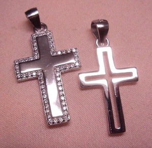 Lot 2 Solid 925 Sterling Silver Rhinestone & Hollow Cross Pendant 7/8" & 13/16" - Picture 1 of 5