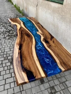 3'x5' Handmade Live Edge Wood Slab Unique Epoxy Resin River Themed Dining Table - Picture 1 of 5