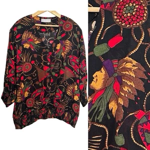 Vintage Oversize Bluse Indianer Häuptling Print & Stammesmotiv Übergröße 18 Multi - Bild 1 von 10
