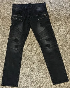 Balmain Paris Black Denim Biker Slim Fit Zippers Ribbed Jeans Waist Size 34 Mens - Picture 1 of 14