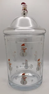 SNOWMAN Clear Glass Christmas Snowflake CANDY Treat Christmas JAR & Lid - Picture 1 of 9
