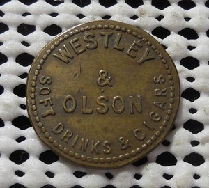 OSSEO WISCONSIN WESTLEY & OLSON SOFT DRINKS & CIGARS GOOD FOR 5¢ IN TRADE TOKEN - Picture 1 of 2
