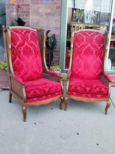 Thomasville MCM walnut cane side wingback arm chair w/ brocaded velvet - Picture 1 of 24