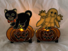 Enesco Halloween Black cat & Ghost Jack O Lantern Tea light Candle Holder Set