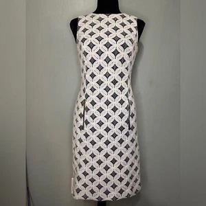 Anne Klein Navy Sheath MIDI Dress Cream Lace Overlay Zip Front Pockets Size 4 - Picture 1 of 11