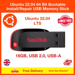 Ubuntu LTS 22.04 Linux OS Install/Try Bootable USB Flash Drive 64 Bit, FREE DELI - Picture 1 of 2