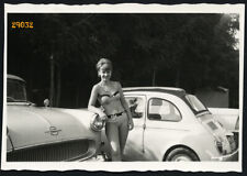 sexy girl in bikini w old car Opel, Fiat 500, swimsuit, Vintage Photograph, 1960