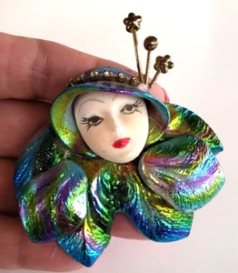 1980s Artisan Deco Flapper Lady Cr RS Peacock Fur Fimo Clay Pin 2-3/8" Polymer - Picture 1 of 5