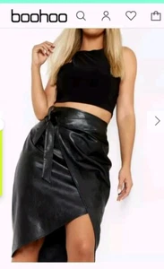 Pull On Black Boohoo Midi Stretch Leather Look Crossover Skirt BNWT Size 22 - Picture 1 of 6