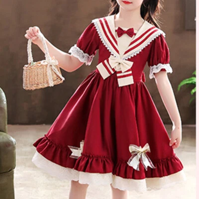 Kid Girl Cute Lolita Dress Princess Costume Fairy Lace Sailor Collar Bow Ruffled - Image 1 of 4