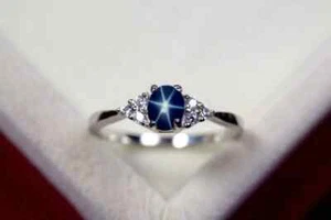 Star Blue Sapphire Ring 6x8mm Blue Star Ring in 925 Sterling Silver Ring - Picture 1 of 3