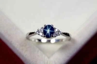 Star Blue Sapphire Ring 6x8mm Blue Star Ring in 925 Sterling Silver Ring - Image 1 of 3