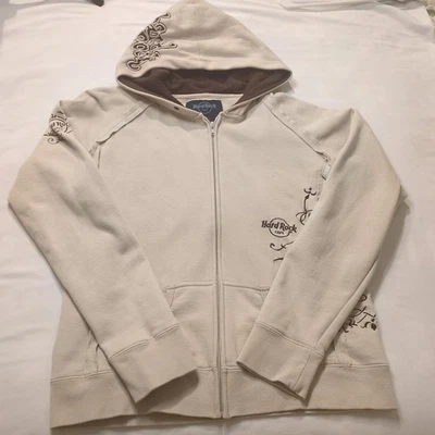 Hard Rock Cafe Beige Full Zip Floral Embroidered Hoodie Sweatshirt  XL Y2K Mauii - Image 1 of 4
