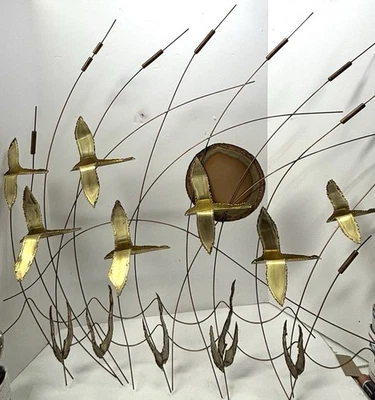 Vintage MCM Geese in Flight Wall Decor Sculpture Sunset Cattails Brutalist 1970s - Image 1 of 4