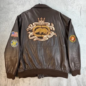 Ecko Unltd Leather Bomber Jacket 2XL Brown USMC Flag Patch Y2K Hip Hop Moto - Picture 1 of 24