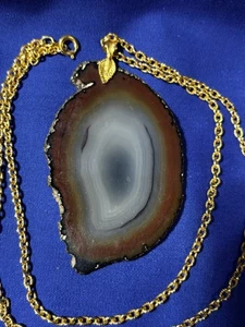 3” Sliced Agate Pendant On Gold Tone 24” Chain Necklace Browns & Grays - Picture 1 of 5