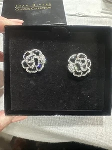 Joan Rivers Clip On Gardenia Rose Earrings Black Enamel Pave Rhinestones - Picture 1 of 5