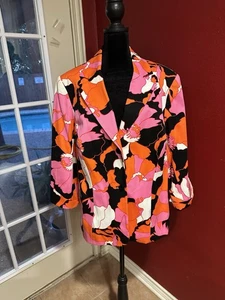 Grace Elements 16W Blazer Bold Floral Print Jacket Pink Orange Black Cotton - Picture 1 of 7