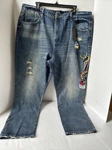 Men’s Size 42 Ed Hardy Denim Jeans New York City Eagle Skull Patch Distressed - Picture 1 of 12