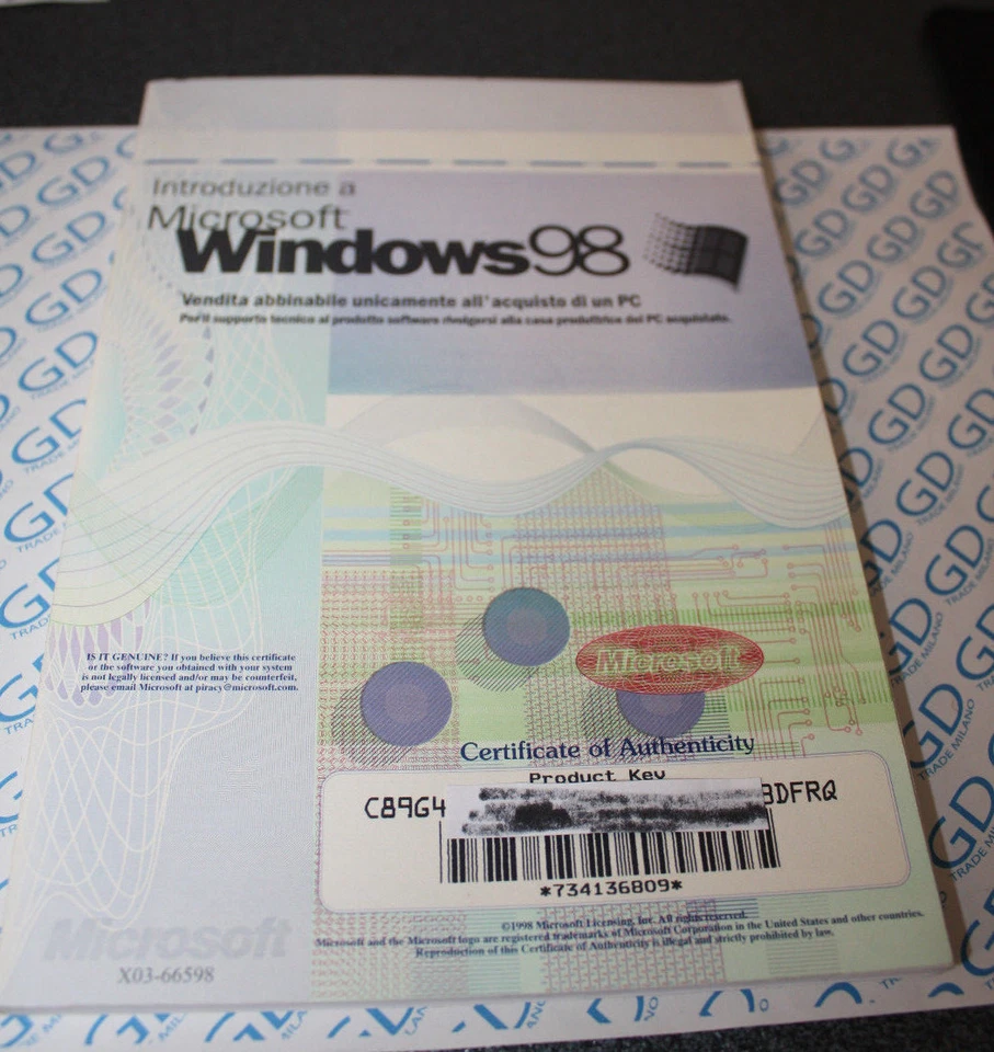 LICENZA license certificate Microsoft Windows 98 no CD solo manuale Italiano ITA - Imagen 1 de 1