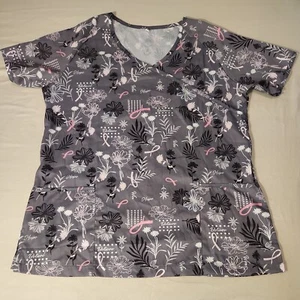 Pink Ribbon Scrub Top Womens Breast Cancer Flowers Large lightweight - Picture 1 of 6