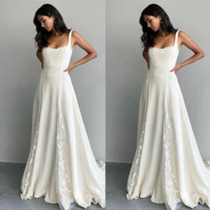 Elegant Wedding Dresses Square Neck Beach Bride Dress Lace Applique Bridal Gown - Picture 1 of 11