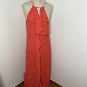 BCBG MaxAzria Maxi Dress Sz L Red Coral Halter Ruffle V Neck Long Tie Open Back - Picture 1 of 15