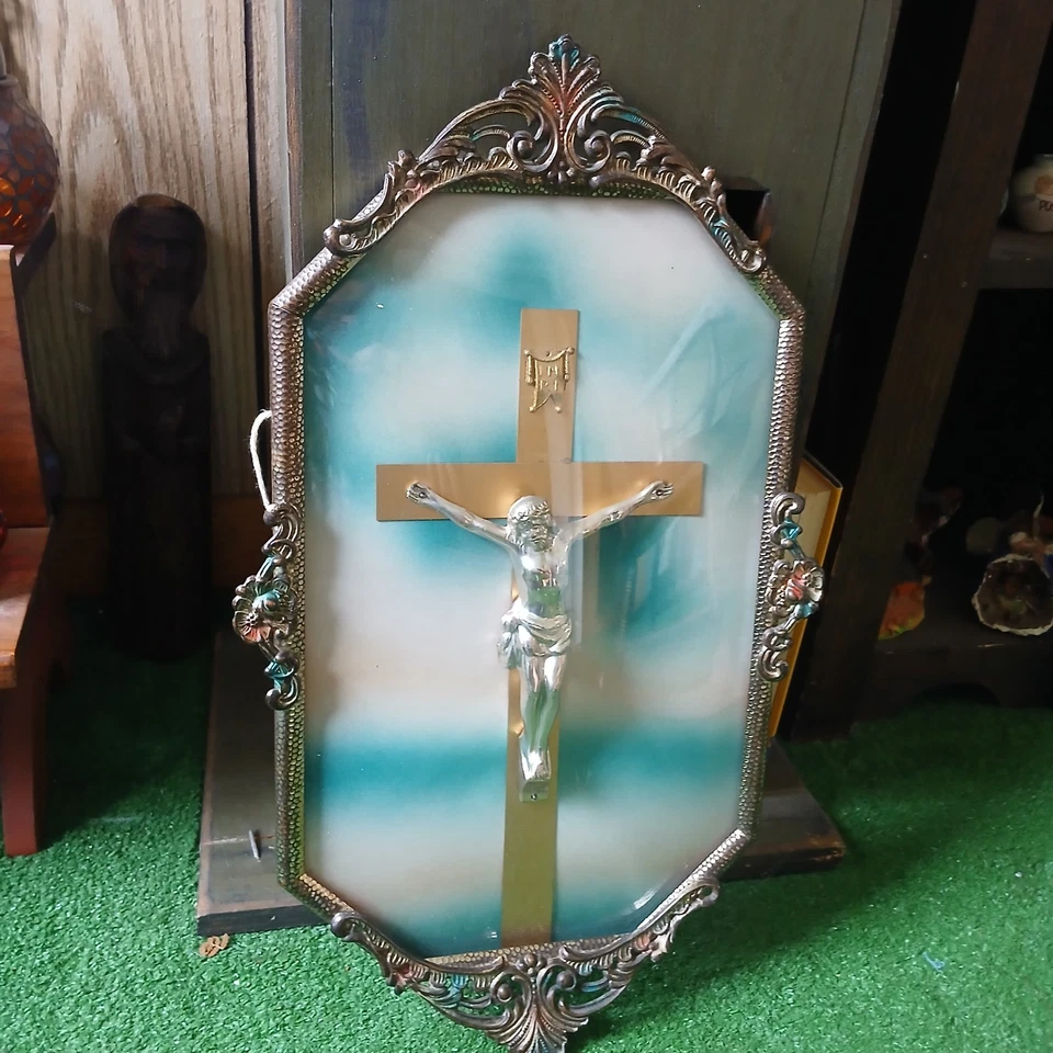 ANTIGUO VIDRIO BURBUJA CONVEXO JESÚS CRUCIFIJO 11.5" POR 19.5" IUC LEER DESCRIPCIÓN  Foto 1 de 4