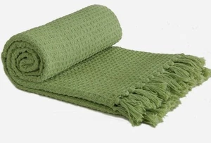 100% Cotton Honeycomb Pistachio Green Fringed Tassel Chair Bed Sofa Medium Throw - Picture 1 of 17