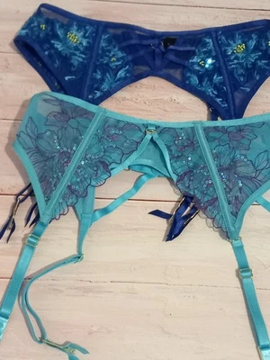 Cinto Suspensório Pacote de Lingerie Tamanho Pequeno Reino Unido 8-10 Lantejoulas Embelezadas Azul - Imagem 1 de 4