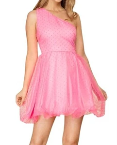 She + Sky One Shoulder Polka Dot Organza Mini Dress Pink - Picture 1 of 7