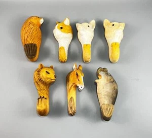Lot of 6 Wood Carved Animal Heads Figural Coat Hook Hangers 5" New - Picture 1 of 8