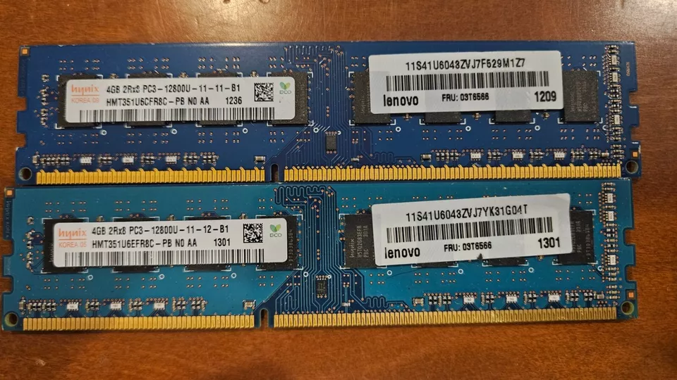 2 x Lenovo 4GB DDR3 PC3-12800U 1600MHz 1.5V CL11 01AG848 03T7218 01AG801 03T6566 - Image 1 of 1