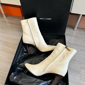 Saint Laurent pearl white leather Jane ankle boots with Wooden Heel - Picture 1 of 8