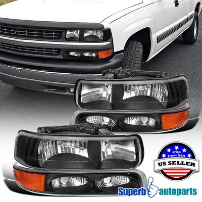 Fits 1999-2002 Chevy Silverado 2000-2006 Tahoe Suburban Black Headlights+Bumper - Image 1 of 4