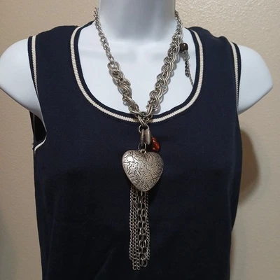 Vintage 80s Statement Chunky Chain Big Heart Faux Smoky Topaz Necklace 16" - Image 1 of 4