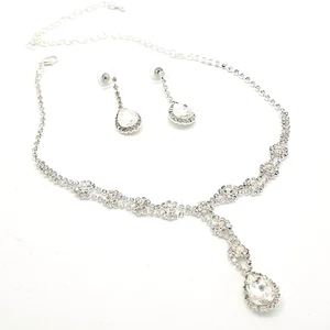 Silver Diamante CZ Crystal Bridal Wedding Set Choker Necklace Earrings Prom UK - Picture 1 of 11