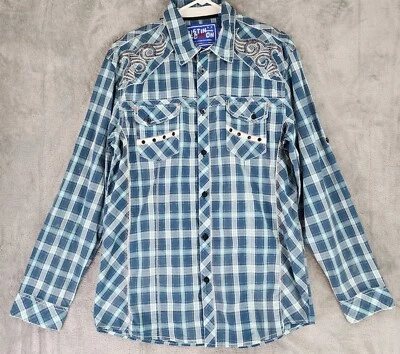 Austin Season Shirt Mens Large Plaid Distressed Embroidered Western Cowboy Top - Image 1 of 4