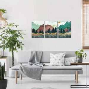 3pcs Sunset Forest Trees & Mountains Metal Print Ready to Hang Art - Imagen 1 de 6