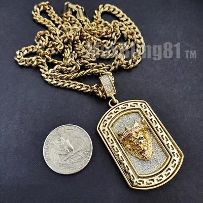 COLGANTE ETIQUETA DE PERRO CABEZA DE LEÓN CHAPADO EN ORO HIP HOP Y COLLAR CADENA CUBANA 18" ~ 30" Foto 1 de 3