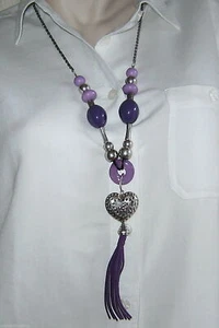 Modeschmuck  Kette  Longkette lila silberfarben vintage Halskette Herz Leder neu - Bild 1 von 3