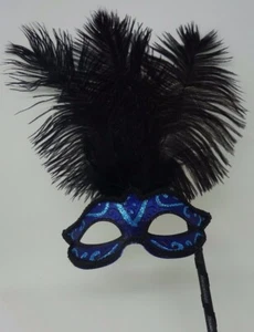 Venetian Masquerade Ball Carnival Mask Hand Held Stick Turquoise Blue & Black - Picture 1 of 7