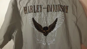 Harley-Davidson Short Sleeve Button Emroidered Winged Skull Shirt Khaki Men Med - Picture 1 of 11