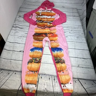 Pijama Faded Glory Donuts Mediano Rosa Naranja Con Capucha Una Pieza Vellón Cremallera Foto 1 de 4